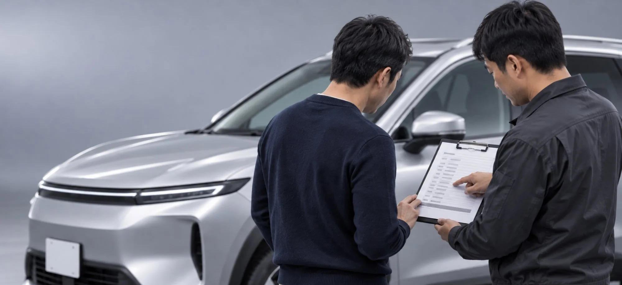 銀色の車の横で、査定員が持ち主に査定書を見せ、内訳の行を指して説明している（イメージ・見本）