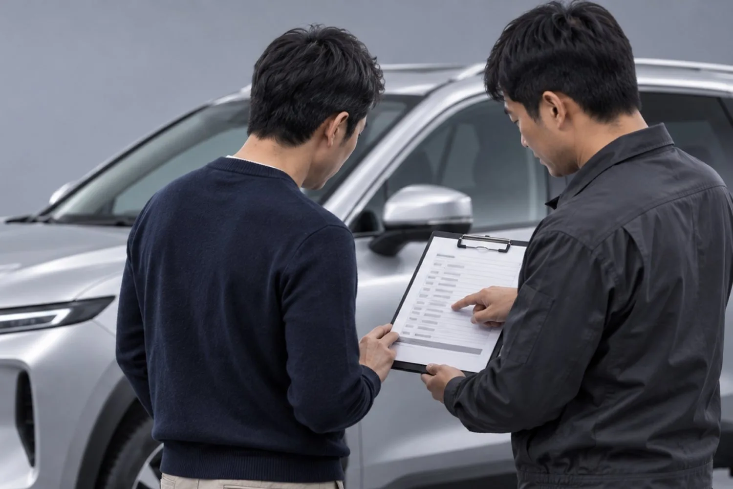 銀色の車の横で、査定員が持ち主に査定書を見せ、内訳の行を指して説明している（イメージ・見本）